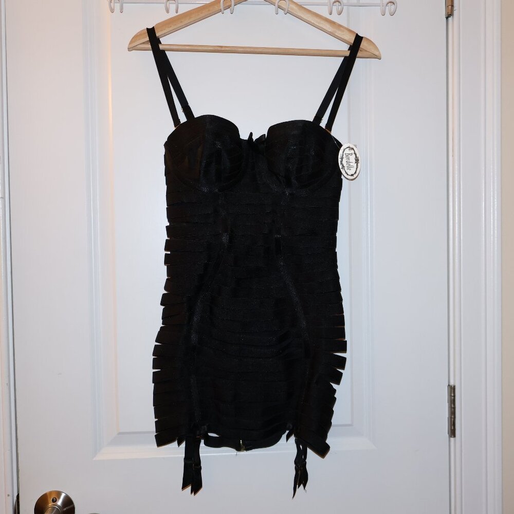 SOLD Bordelle Angela Adjustable Bondage Dress Black strap 24k gold M NWT $1.2k